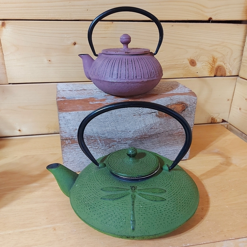 Lot of 2 Green Cast Iron Japanese Teapot green Dragonfly + purple